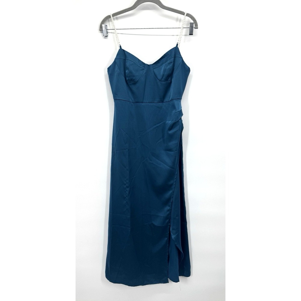 Rihoas Womens Small Midi Dress Satin Corset Ruched Pearl Strap Glam Rockabilly